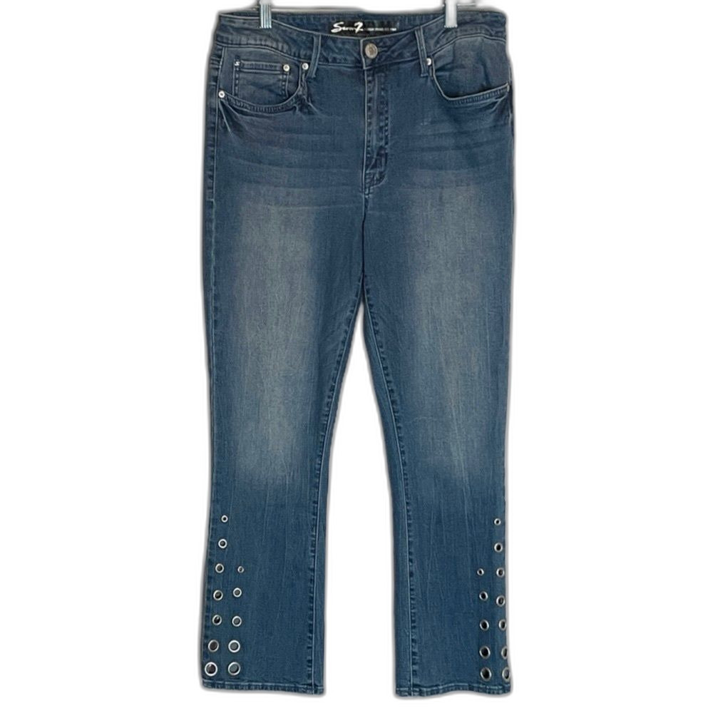 Seven7 Women’s Size 14 Mid Rise Ankle Boot Jeans Blue Stretch Denim Grommet Hem